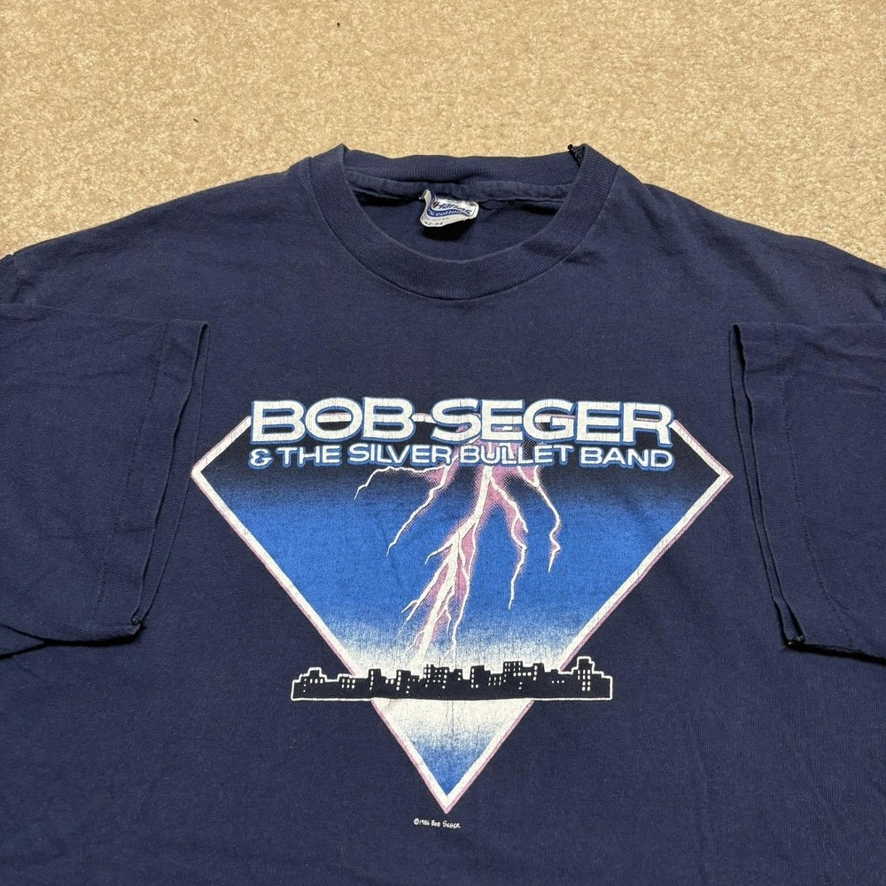 Vtg 80s Bob Seger Shirt Mens Large Navy Silver Bullet Band Tee Classic Rock 1986